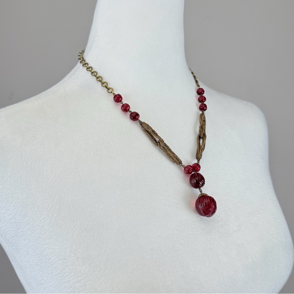 Vintage Louis Rousselet French Couture Red Glass Melon Bead Drop Chain Necklace - Picture 13 of 16